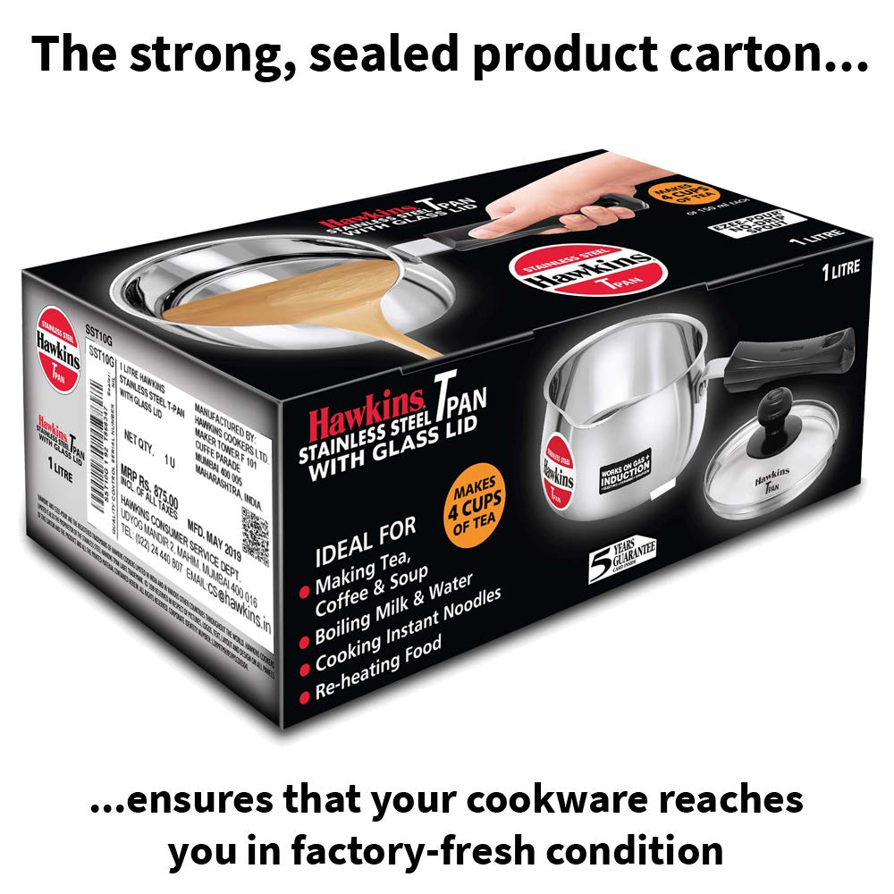 Hawkins 1 Litre Tpan, Stainless Steel Tea Pan with Glass Lid, Induction Sauce Pan, Chai Pan, Small Pan, Silver (SST10G)