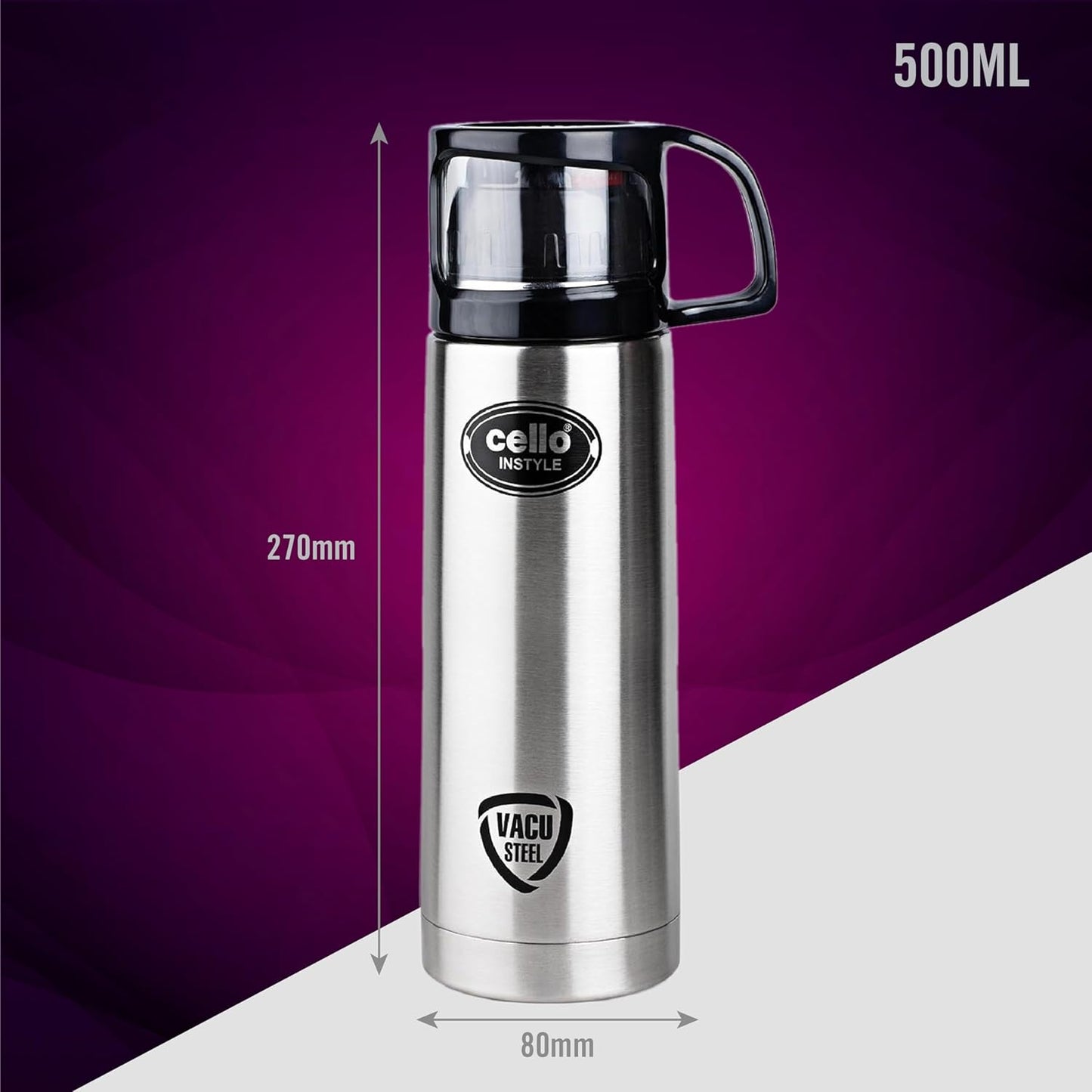 Cello Instyle Stainless Steel Flask, 500 ml, Black