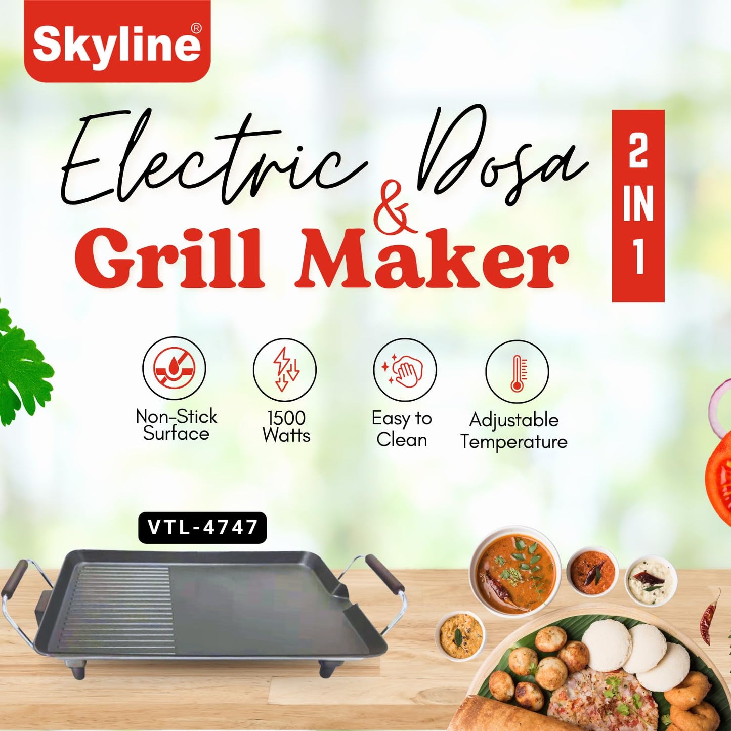 Skyline 2-in-1 Electric Dosa & Grill Maker | Black VTL-4747 | 1500W Non-Stick Cooking Surface