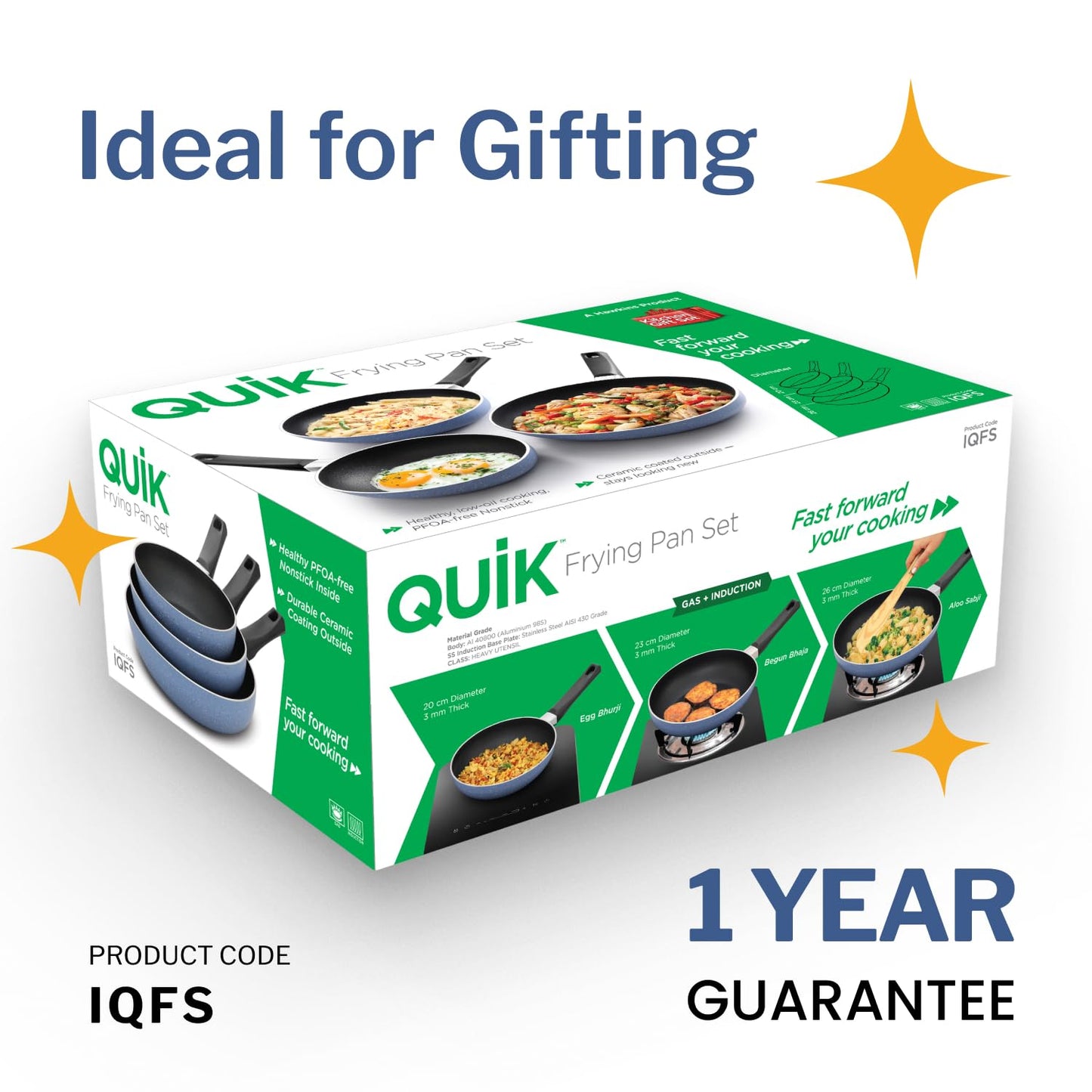Hawkins Quik Frying Pan Set, Kitchen Gift Pack, 3 Piece Set of 20cm, 23cm and 25cm Fry Pans, Grey (IQFS)