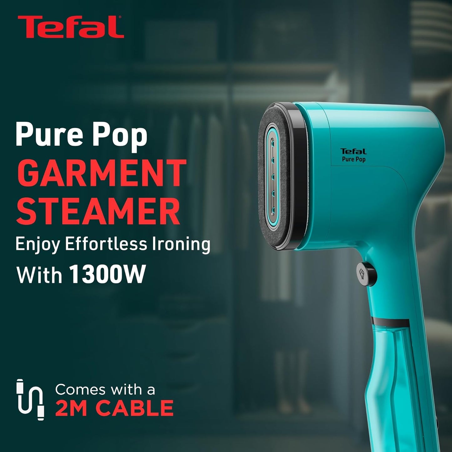 Tefal Pure Pop Garment Steamer | 1300W | Reversible Pad | 2m Cable | 20g/min Steam | 15-sec Heat-Up | 70ml Detachable Tank | Green | No.1 Ironing Brand in Europe