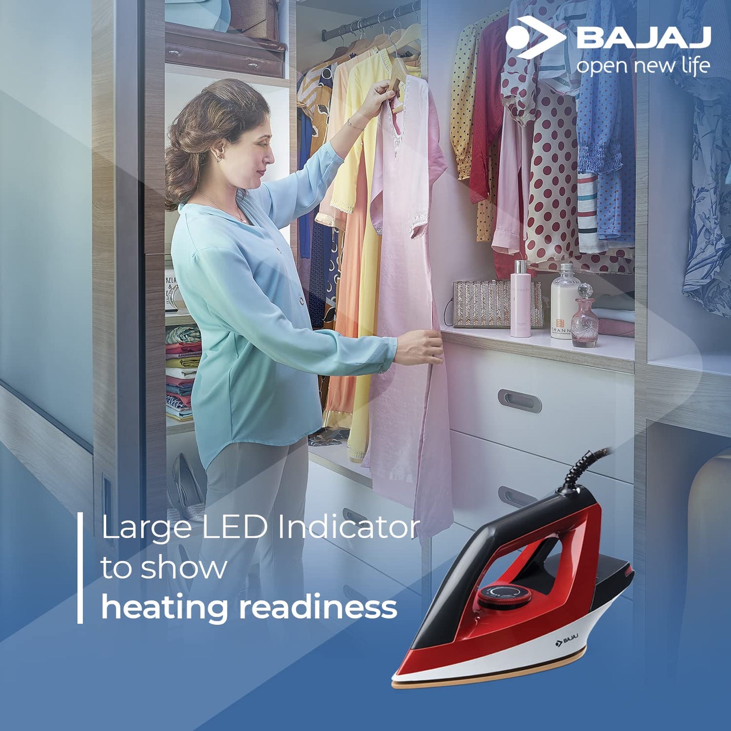 Bajaj Splendora 1100 Watts Dry Iron | German Coating Technology | Large LED Indicator | 360 Degree Swivel Cord | Cool Touch Body | 2-Yrs Warranty 【Red & Black】