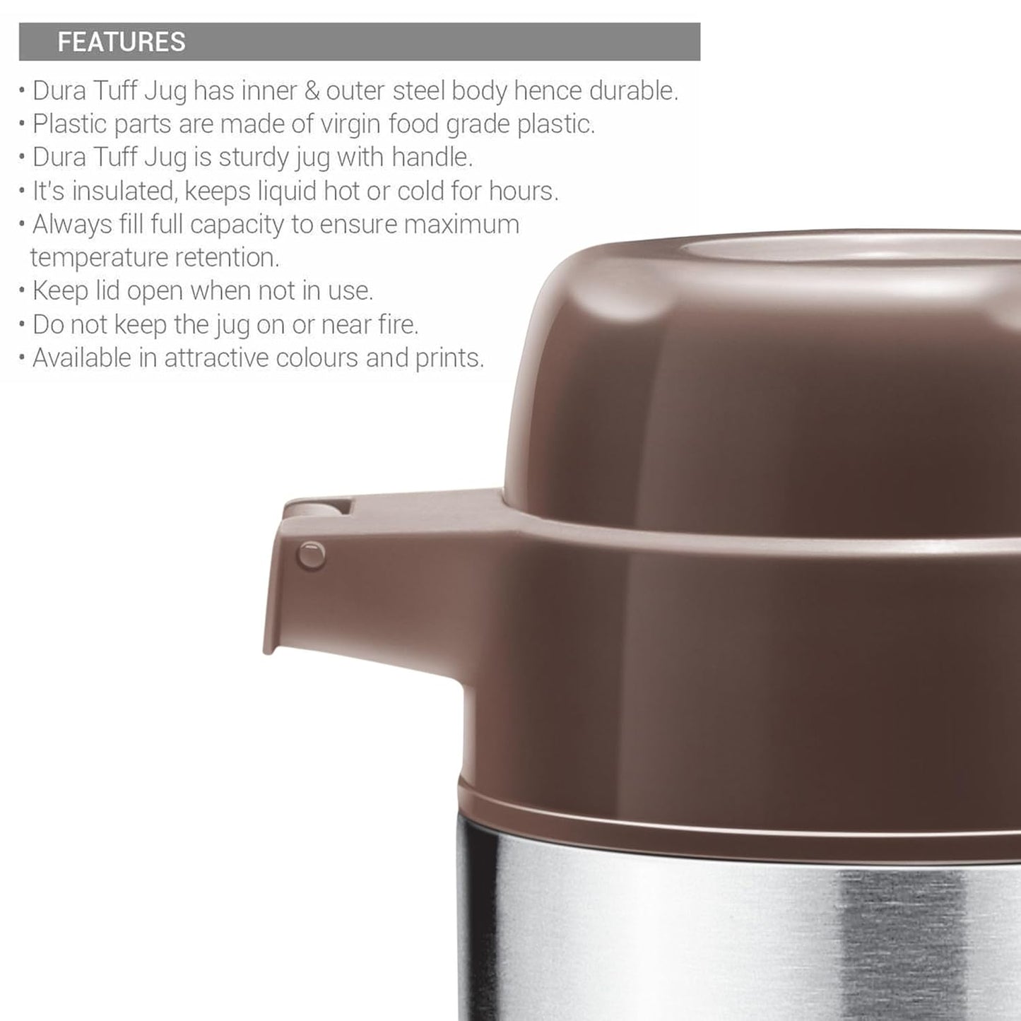 Milton Dura 1000 Stainless Steel Tuff Insulated Jug, 1000 ml, Brown | Leak Proof | Food Grade | PU Insulated | Hot & Cold
