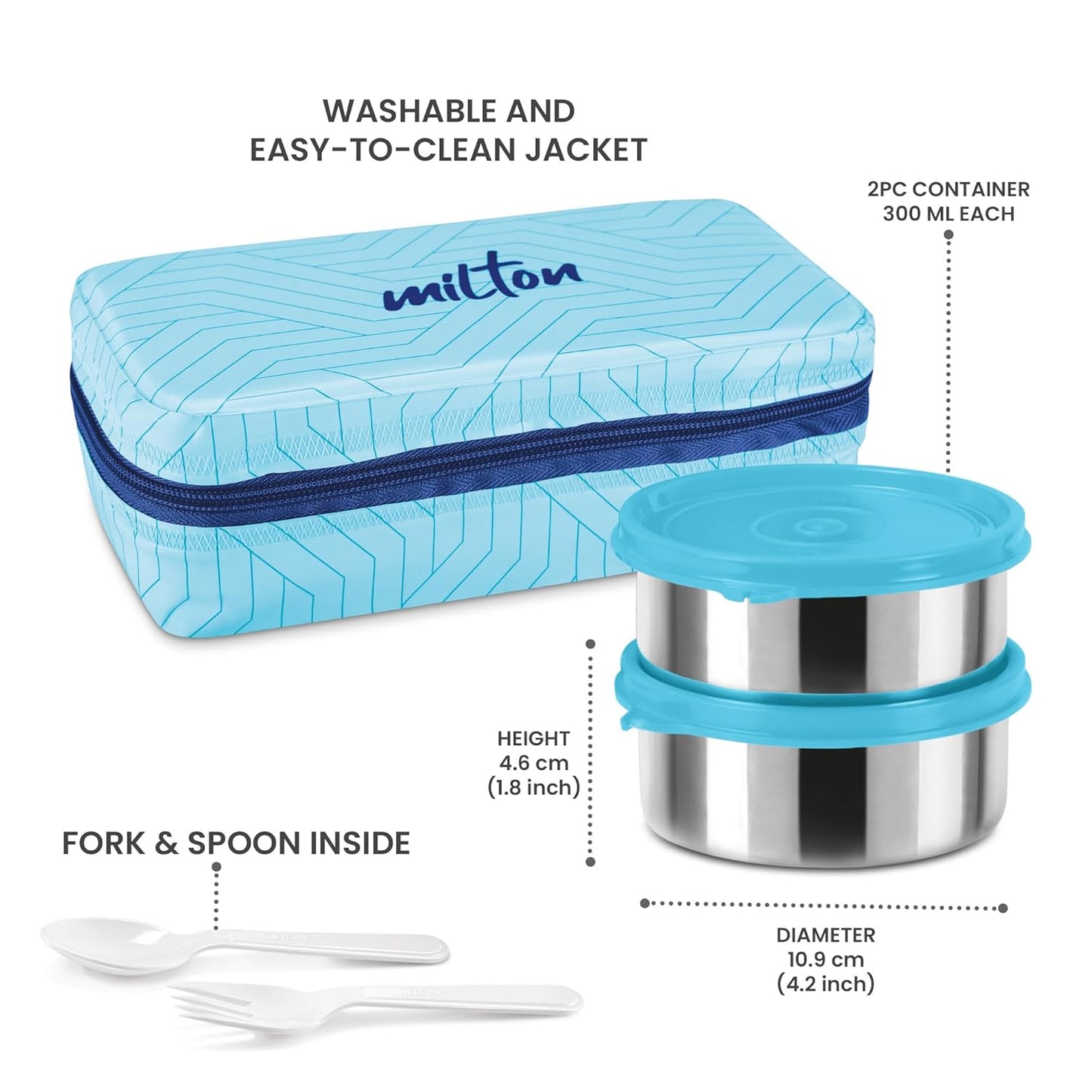 MILTON Mini Lunch Prime Tiffin with Unisex Bag, 2 Stainless Steel Containers 300 ml Each, with Plastic Cutleries, Leak-Proof Lunch Box for Office, School, College, Blue