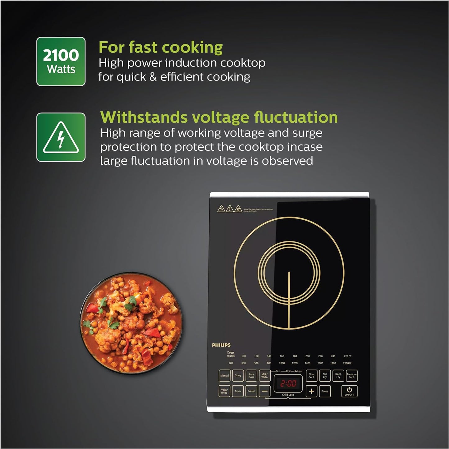 Philips Viva Collection Hd4938/01 2100-Watt Glass Induction Cooktop With Sensor Touch & Full Crystal Glass (Black)