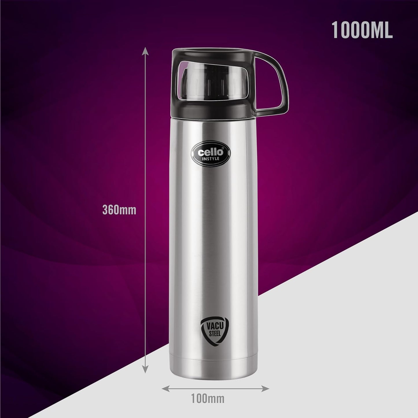 Cello Instyle Stainless Steel Vacuum Insulated Flask with Jacket 1000ml, Black | Hot & Cold Bottle, Cap doubles as Cup | Double Walled Silver Bottle for Home, Office, Travel | Steel Thermos Bottle 1L
