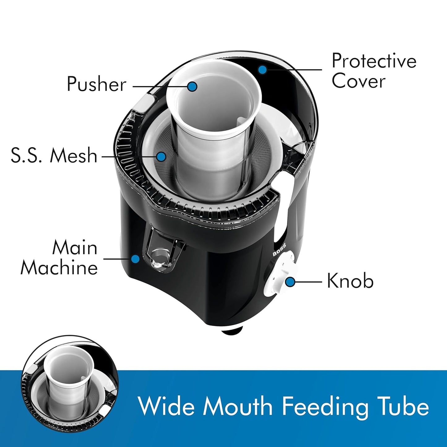 BOSS Aster Electric Juicer for Fruits & Vegetables Centrifugal Juicer 350 Watt | Juicer Mesh with SS Sieve & Pusher | Removable Pulp Container | 2 Year Warranty, Black