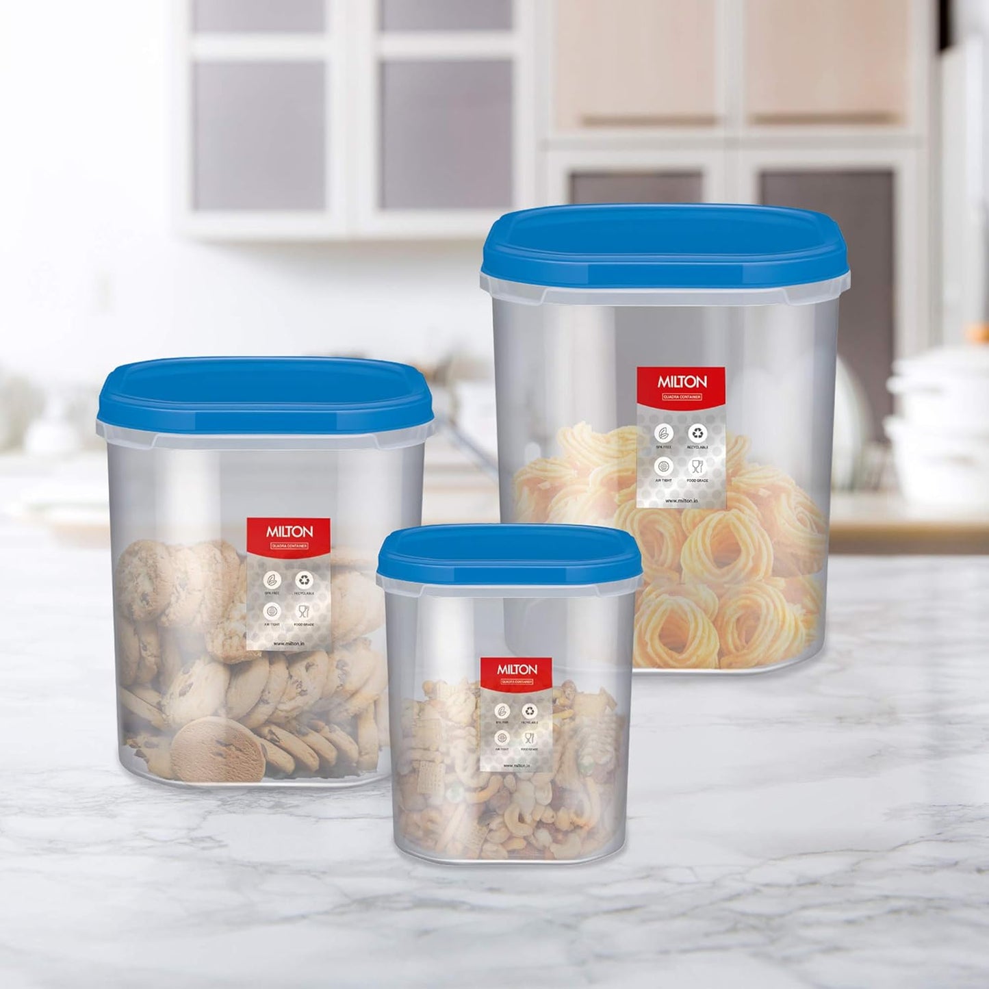 MILTON Quadra Modular Multi-Purpose Plastic Containers with Lid, Set of 3 (8 Litre, 12 Litre, 14.25 Litre) Blue, Kitchen Storage Container Set for Spices, Atta, Grains Organizers, Transparent Dabba