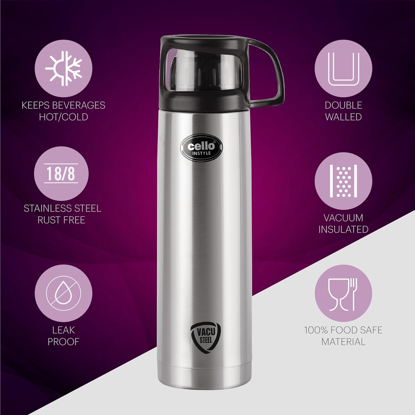 Cello Instyle Stainless Steel Vacuum Insulated Flask with Jacket 1000ml, Black | Hot & Cold Bottle, Cap doubles as Cup | Double Walled Silver Bottle for Home, Office, Travel | Steel Thermos Bottle 1L