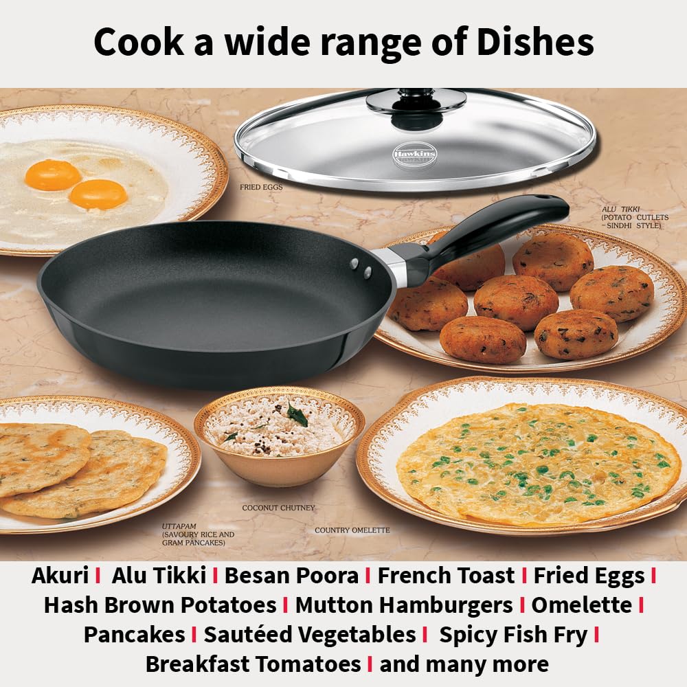 Hawkins Futura 24 cm Frying Pan, Non Stick Fry Pan with Glass Lid, Frypan, Black (NF24G)