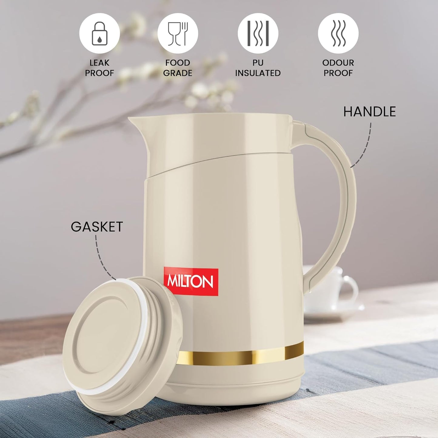 Milton Renova 750 Water Jug, PU Insulated Inner Stainless Steel Hot & Cold Jug, BPA Free, Leak Proof, 750 ml, Beige, Ideal for Tea, Coffee, Water, Hot Beverages
