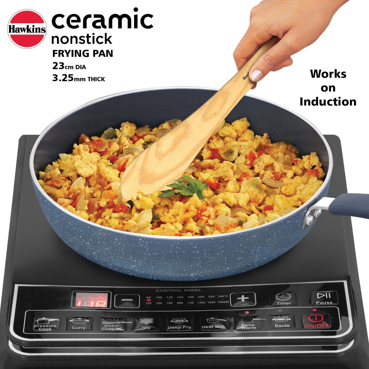 Hawkins Ceramic Nonstick Frying Pan, 24 cm Diameter, Induction Fry Pan with Glass Lid, Granite Omlette Egg Pan, Fish Pan, Blue (ICF24G)