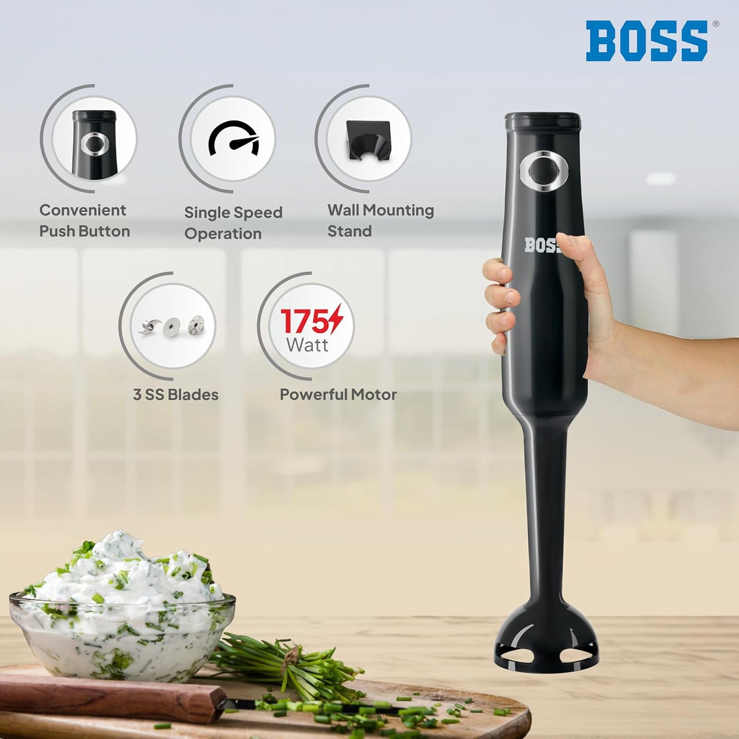 BOSS Classic+ Hand Blender 175W with 3 Stainless Steel Blades & 2 Year Warranty | Black