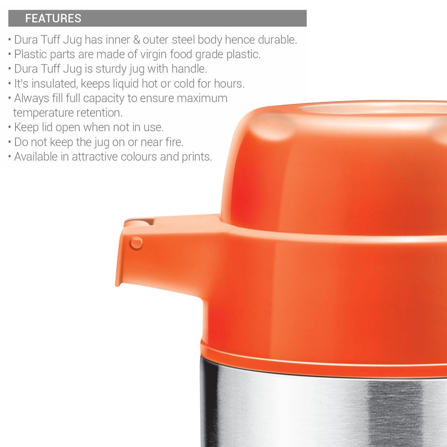 Milton Dura 750 Stainless Steel Tuff Insulated Jug, 750 ml, Orange | Leak Proof | Food Grade | PU Insulated | Hot & Cold