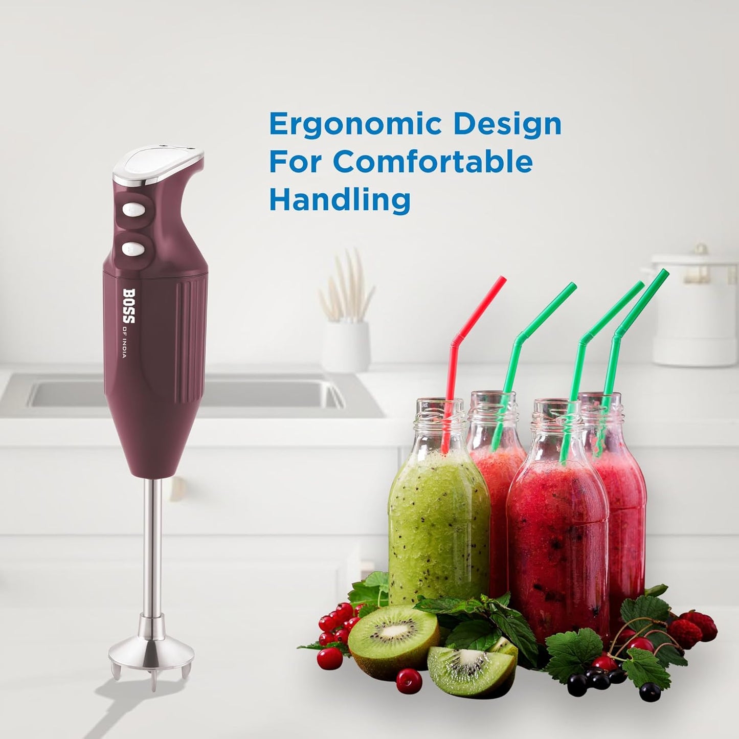 BOSS B136 Big Boss Portable Hand Blender | Powerful 275 W Motor | 5 Years Warranty* First In India | Variable Speed Control | Isi-Marked, Wine, 275 Watts