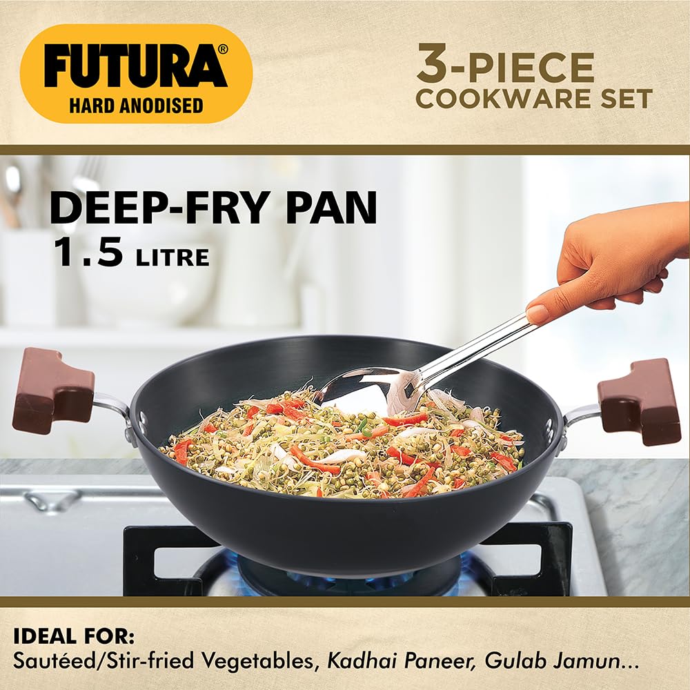 Hawkins Futura 3 Pieces Cookware Gift Set - Hard Anodised Tava, Frying Pan and Kadhai with Stainless Steel Lid, Black (24HAGP)