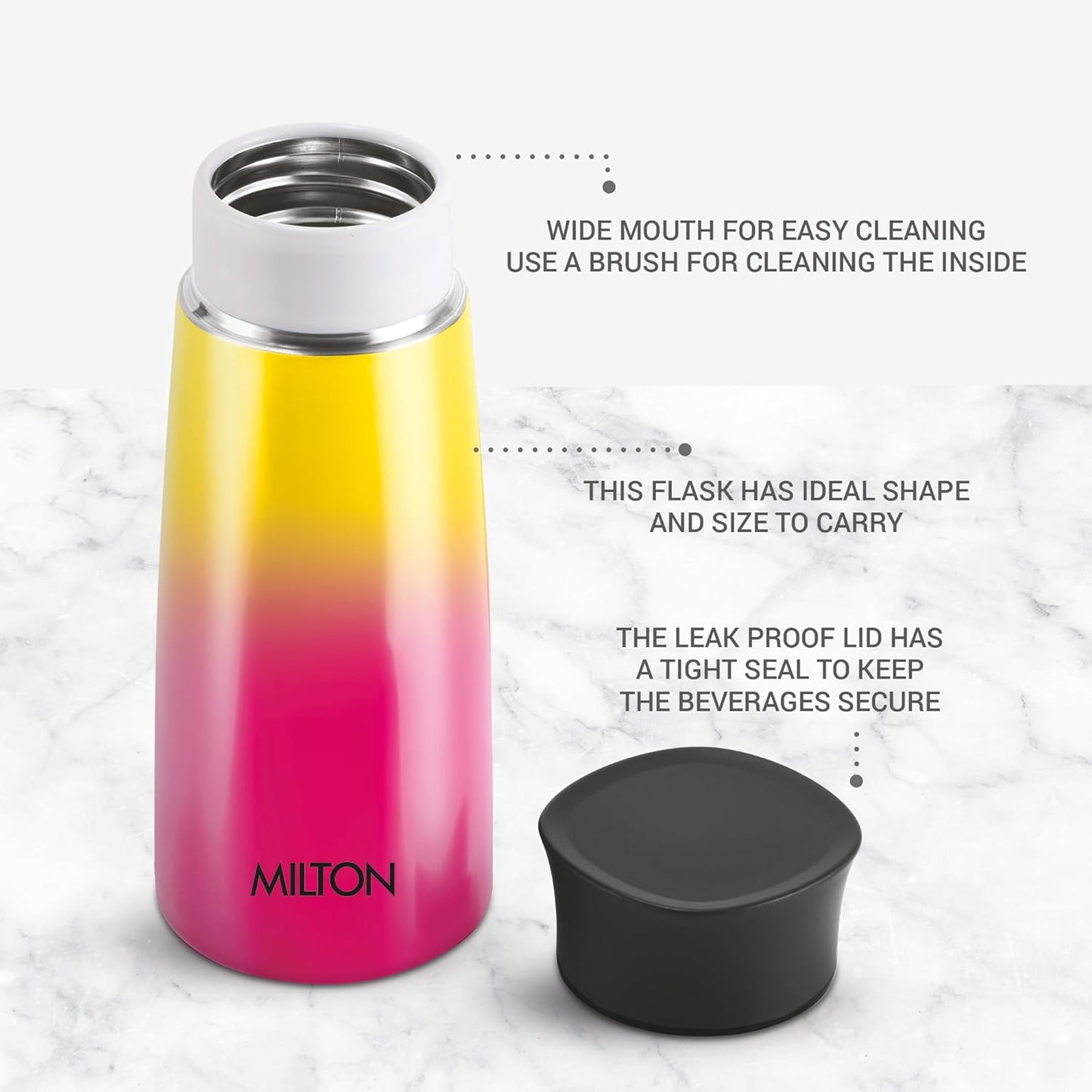 Milton Spectra 370 Thermosteel Hot and Cold Flask, 1 Piece, 370 ml, Yellow/Pink | Insulated Flask | Leak Proof | Soup Flask | Juice Flask | Thermos | Long Hours Hot and Cold