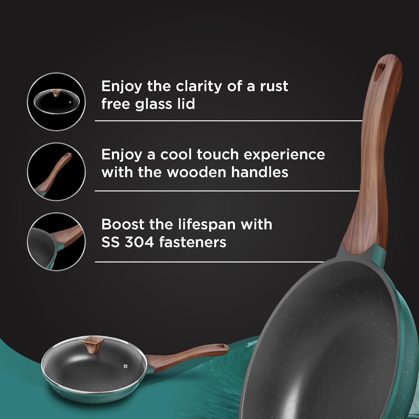 Preethi Artistic Collection Die Cast Non Stick Fry Pan, 24 cm,with Glass Lid, 5 Star Non Stick Effect, Cook & Serve, Ocean Green