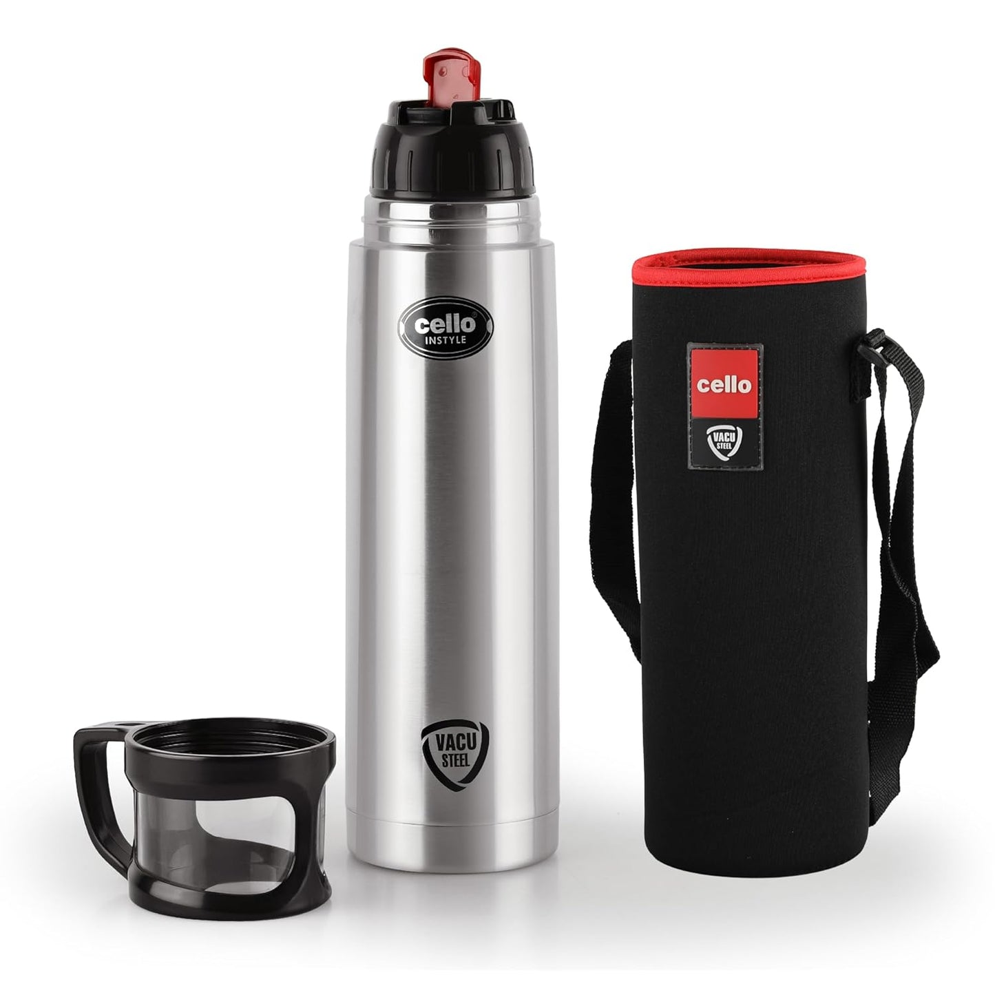 Cello Instyle Stainless Steel Vacuum Insulated Flask with Jacket 1000ml, Black | Hot & Cold Bottle, Cap doubles as Cup | Double Walled Silver Bottle for Home, Office, Travel | Steel Thermos Bottle 1L
