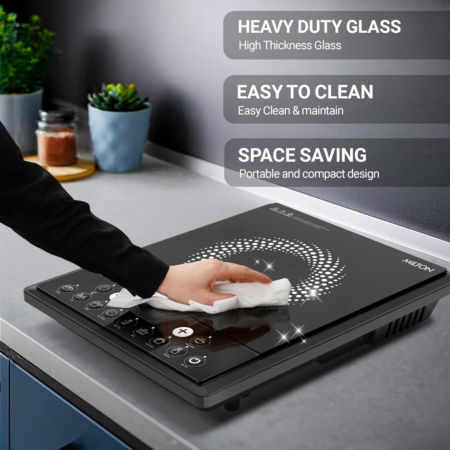 Milton Elio 21.0 Portable Induction Cooktop | LED Display Panel, 5KV Surge Protection I Timer & Preset Menu Functions | 2100 W Push Button| Fast Cooking | 3-Year Warranty on Coil
