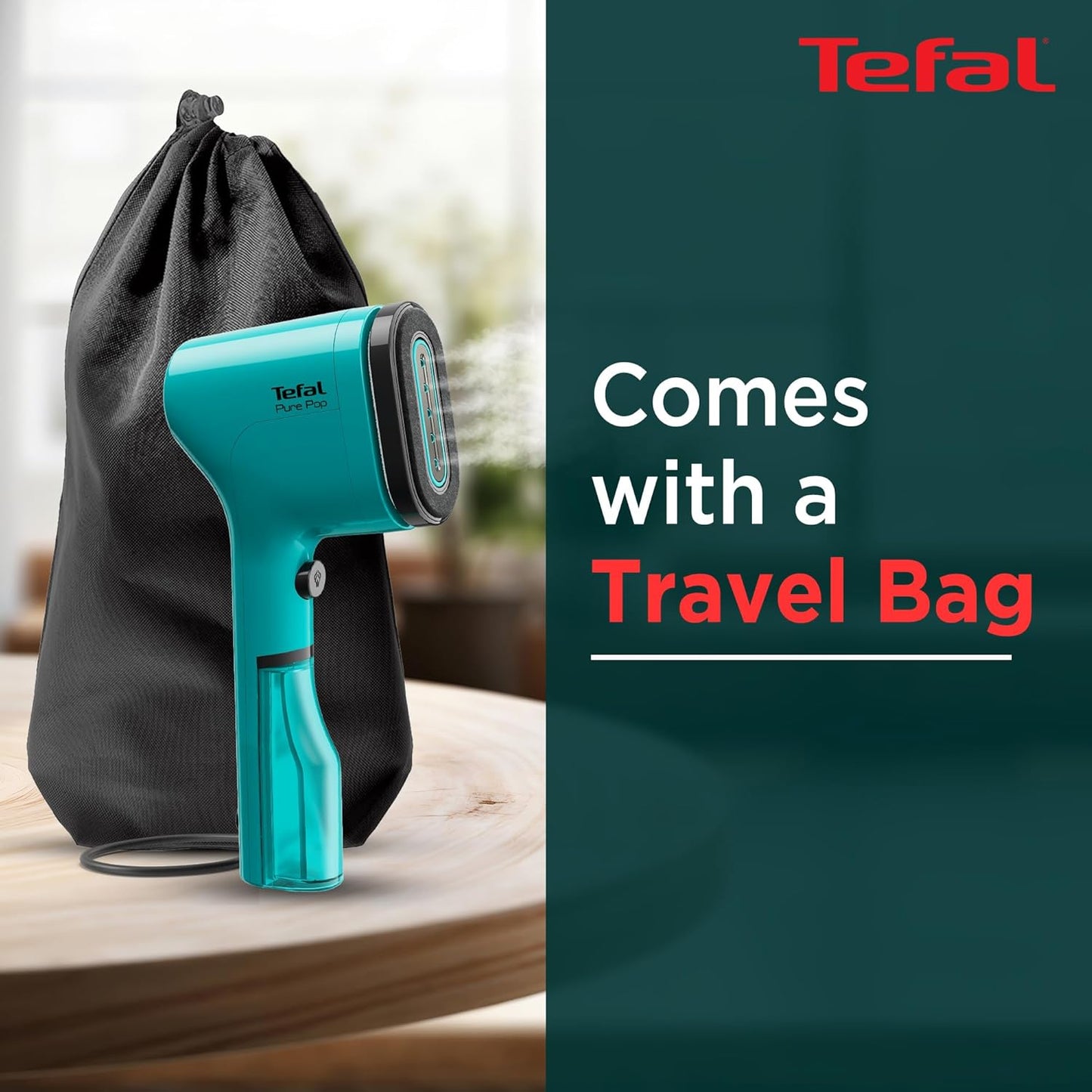 Tefal Pure Pop Garment Steamer | 1300W | Reversible Pad | 2m Cable | 20g/min Steam | 15-sec Heat-Up | 70ml Detachable Tank | Green | No.1 Ironing Brand in Europe