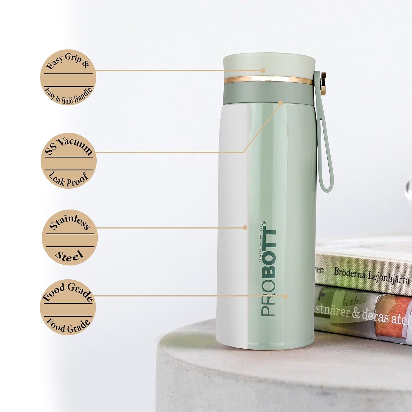 Probott Shine Water Bottle, Stainless Steel Vacuum Insulated Flask Bottle, 270ml, Green | Wide Mouth & Easy to Open | Hot and Cold | Easy to Carry | Leak Proof | Tea | Coffee | Office | Gym