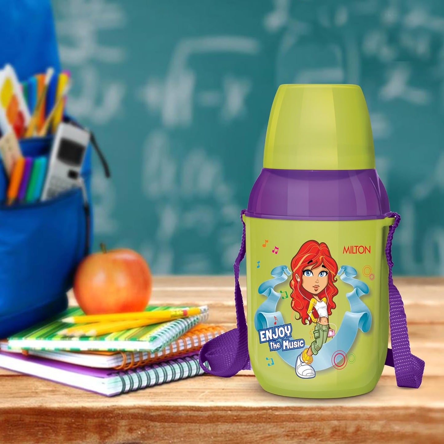 MILTON Kool Kid 450 Plastic Insulated Water Bottle with Belt & Straw, 430 ml, Green | PU Insulated | BPA Free | Easy to Carry | Leak Proof