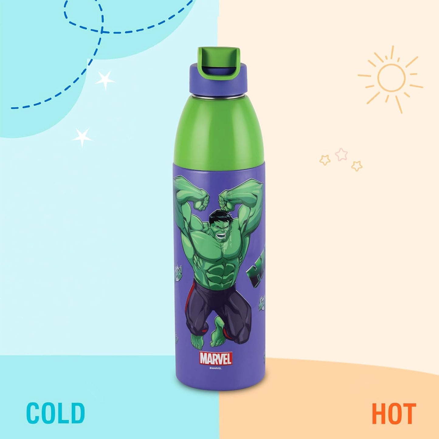 CELLO Kidzbee Uranus 900 Hulk Smash Water Bottle, 680ml, Purple | PU Insulation | 3D Touch & Feel Design School Bottle | Picnic Bottle | Leak Proof | Mix Designs - AssortedKids Bottle | Easy to Carry |