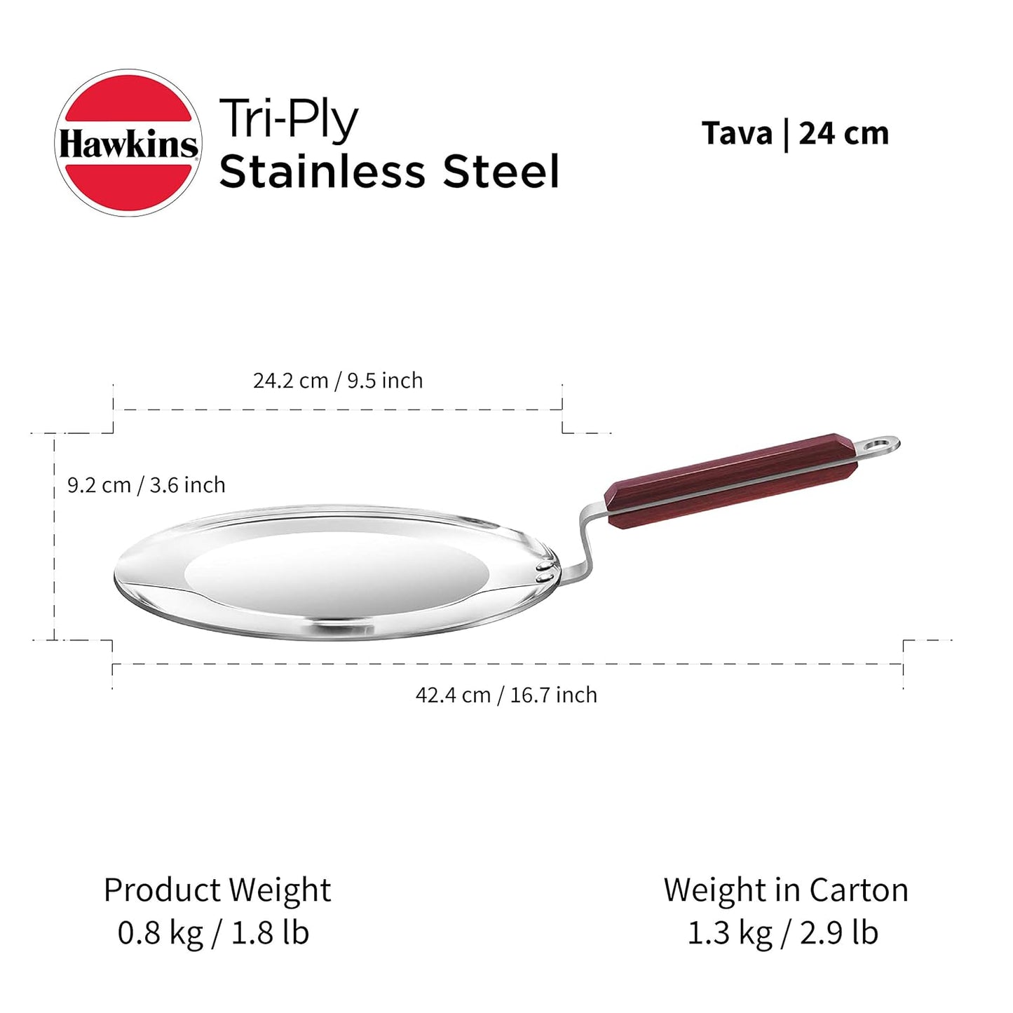 Hawkins 24 cm Tava, Triply Stainless Steel Tawa with Stainless Steel Handle, Induction Tawa, Silver (SSTV24)