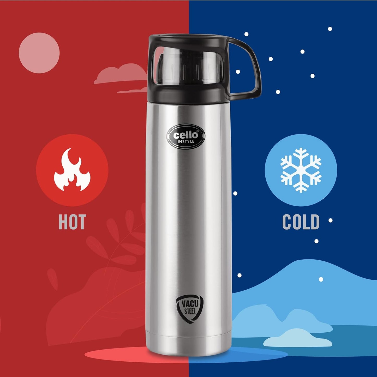 Cello Instyle Stainless Steel Vacuum Insulated Flask with Jacket 1000ml, Black | Hot & Cold Bottle, Cap doubles as Cup | Double Walled Silver Bottle for Home, Office, Travel | Steel Thermos Bottle 1L