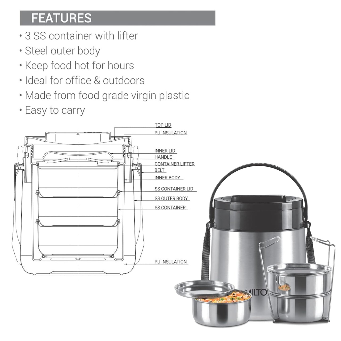 MILTON Steel Classic 3 Tiffin with Lifter, 3 Container, 300 ml Each, Silver | PU Insulated | Food Grade | Easy to Carry | Hot & Cold | Office | Outdoors | Food Grade