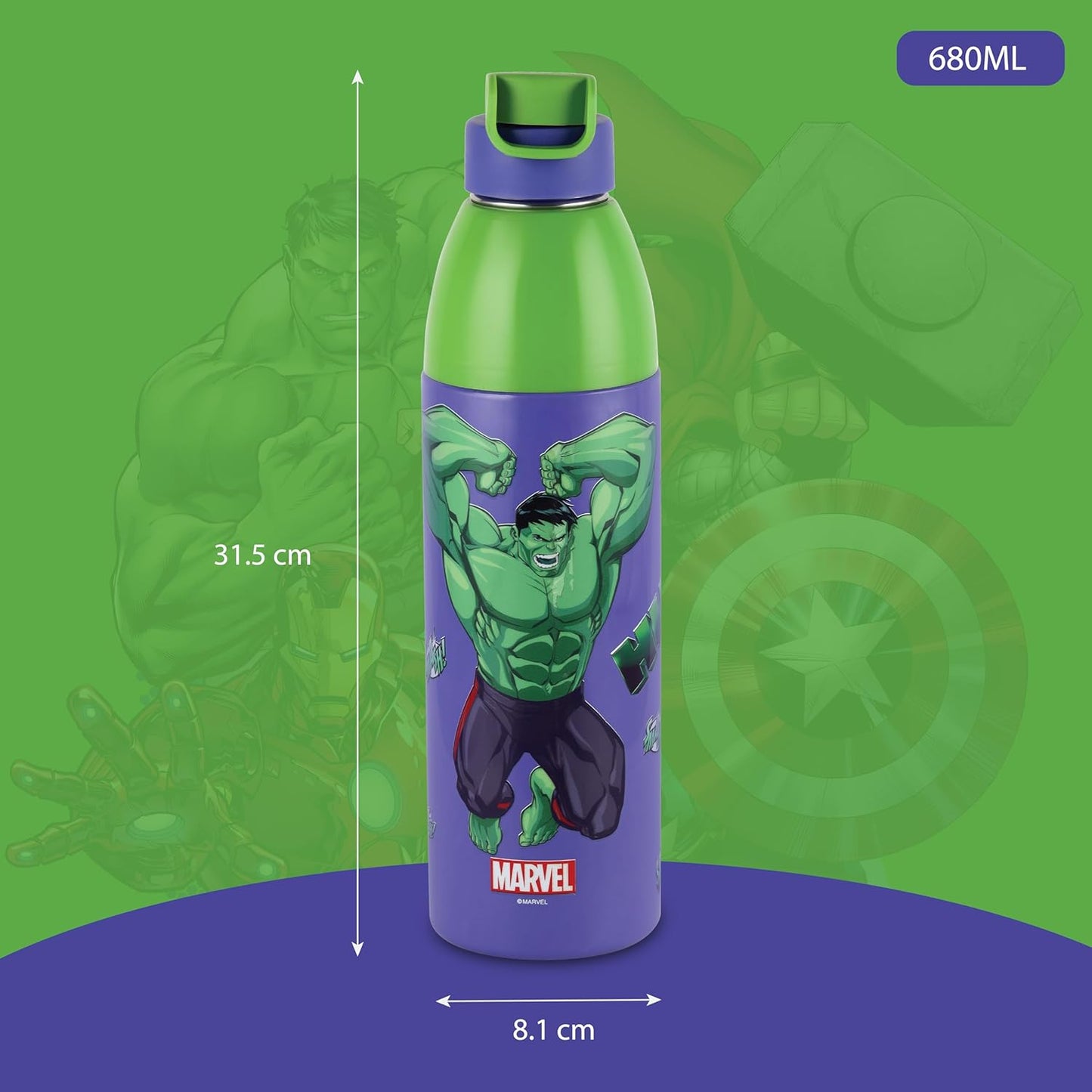 CELLO Kidzbee Uranus 900 Hulk Smash Water Bottle, 680ml, Purple | PU Insulation | 3D Touch & Feel Design School Bottle | Picnic Bottle | Leak Proof | Mix Designs - AssortedKids Bottle | Easy to Carry |