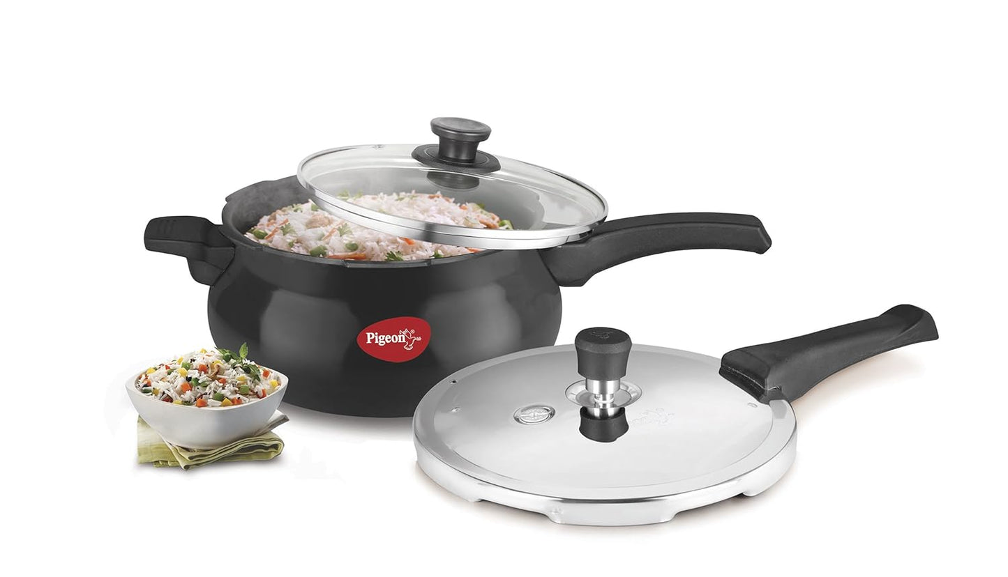 Pigeon by Stovekraft Titanium Hard Anodised Aluminium Outer Lid Handi Pressure Cooker, 2 Litres, Black
