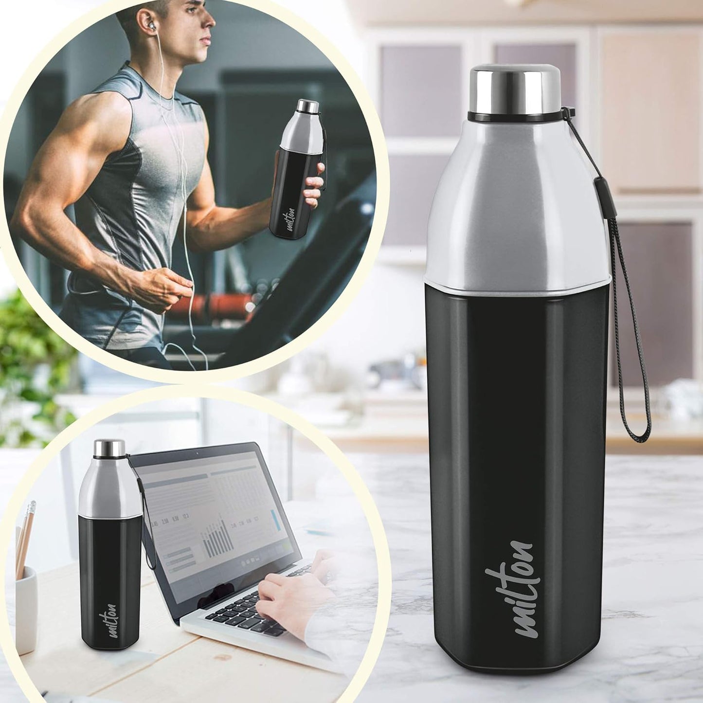 Milton Water Bottle Kool Hexone 1200 PU Insulated, 1.12 Litre, Leak Proof, BPA Free, Ideal for Home, Office, Gym, Travelling, Black