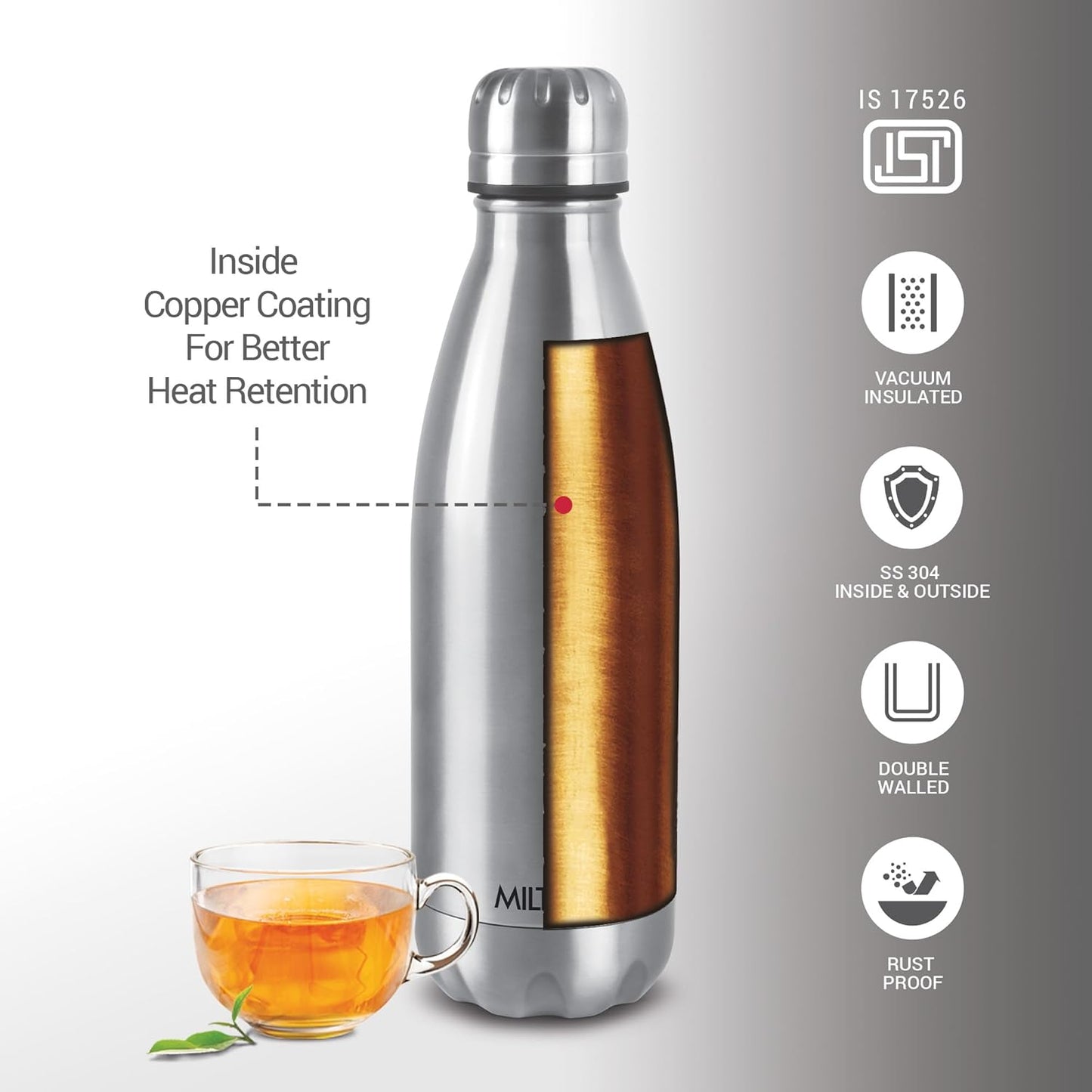 Milton Duo DLX 1800 Thermosteel Water Bottle 1.8 Litre, 24 Hr Hot and Cold I Leak Proof Lid, ISI Certified I Vacuum Insulated I for Office, Gym, School I Silver