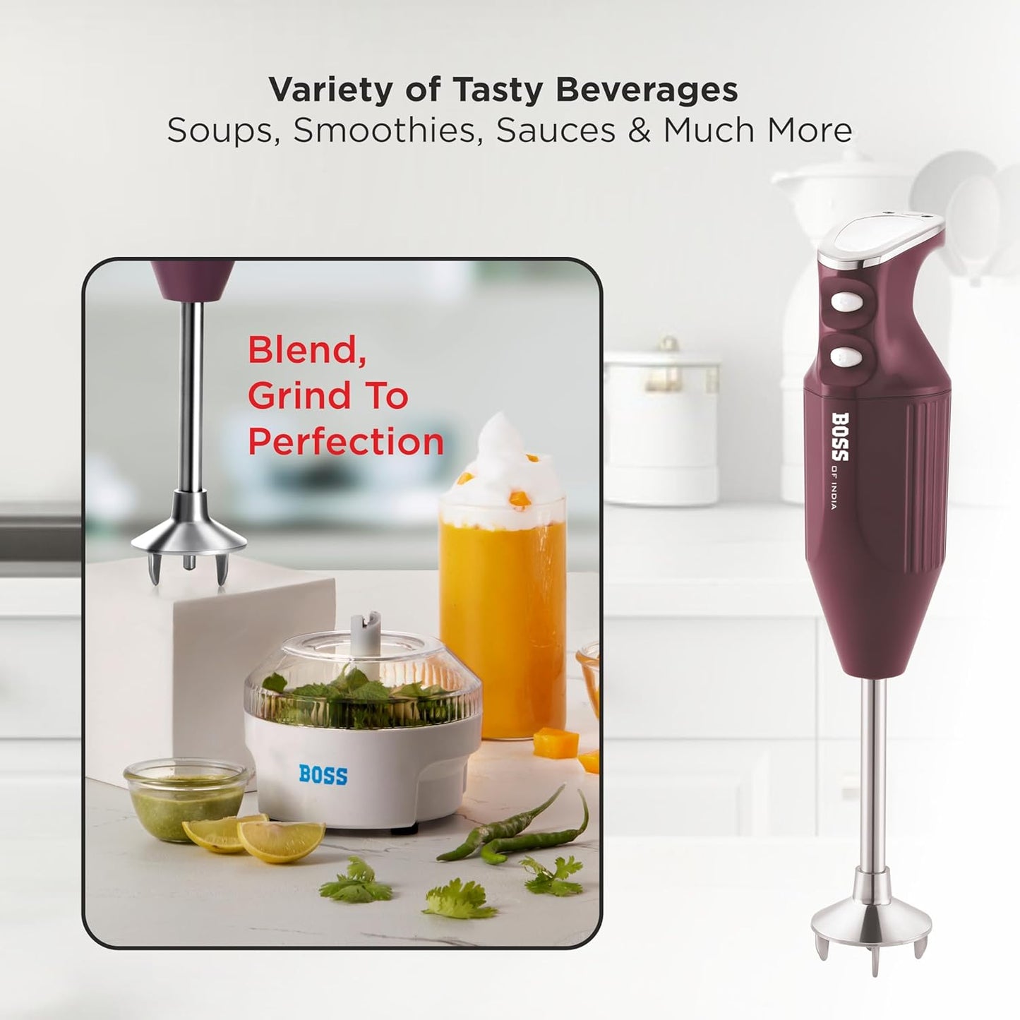 BOSS B136 Big Boss Portable Hand Blender | Powerful 275 W Motor | 5 Years Warranty* First In India | Variable Speed Control | Isi-Marked, Wine, 275 Watts