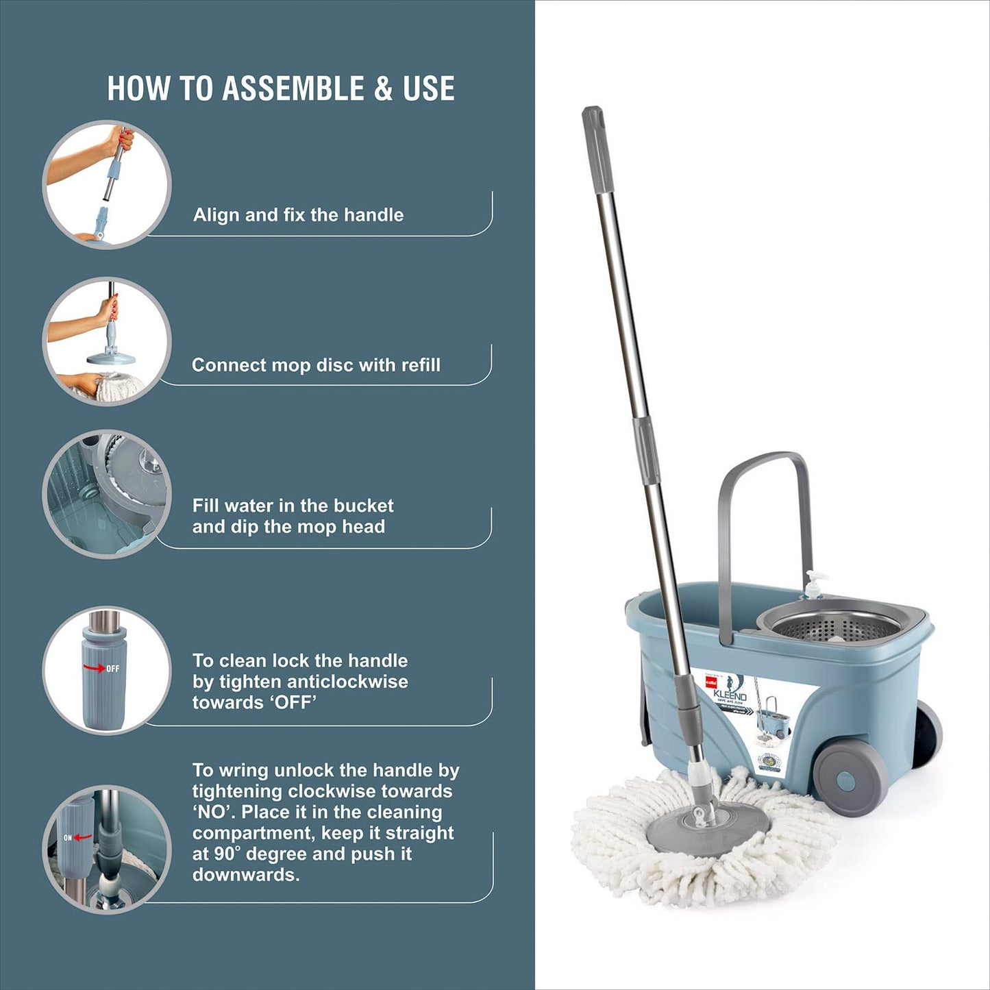 Kleeno by Cello Max Clean Deluxe Stainless Steel Wringer With Big Wheels & Puller Handle, Grey |360° Flexible Mop With 1 Microfiber Refill & Liquid Dispenser|Daily Use Floor Cleaning Pocha With Bucket