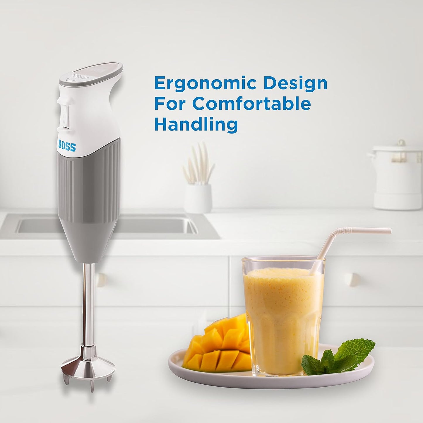 BOSS Stainless Steel B132 Portable Hand Blender 225W- Watt | Variable Speed Control | 3 Years Warranty | Easy To Clean And Store | Isi-Marked, Blue