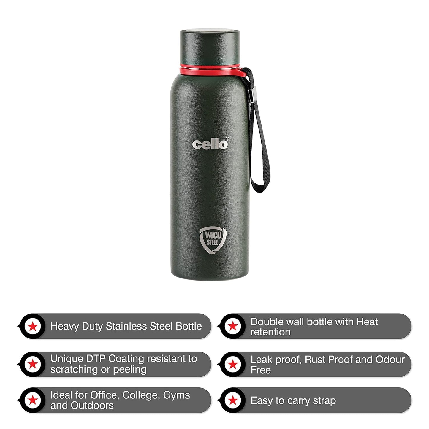 Cello Kent Stainless Steel Flask with DTP Coating, 900ml, Military Green | Prolonged Hours Hot and Cold Thermosteel Bottle | Flask for tea coffee | Ideal for Office, Gym, Home, Hiking, Travel Bottle