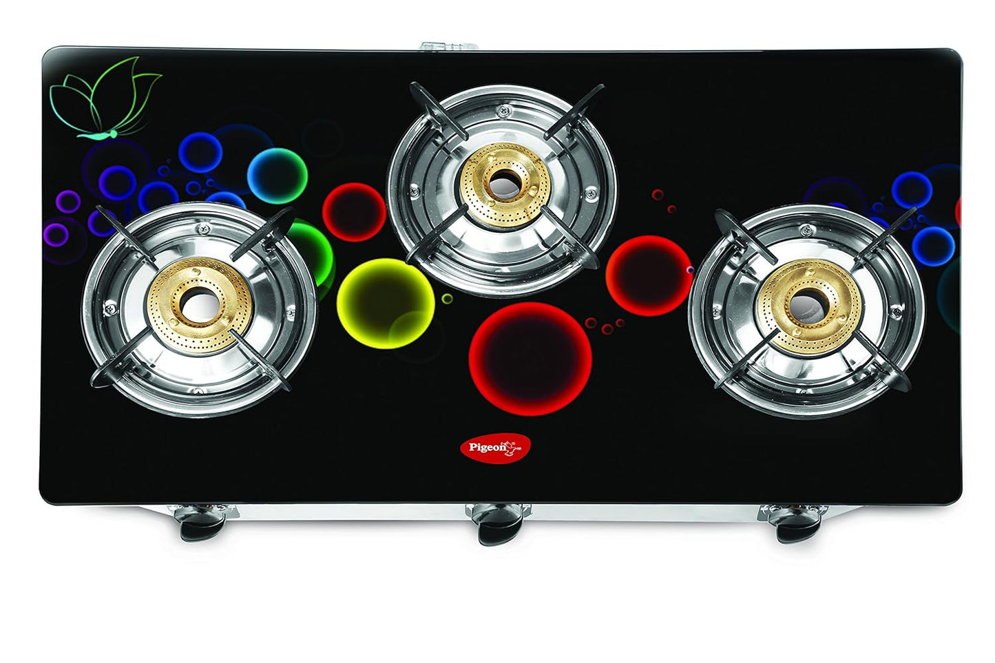 Pigeon Smart Plus 3 High Powered Brass Burner Designer Gas Stove, Cooktop with Glass Top and Stainless Steel body