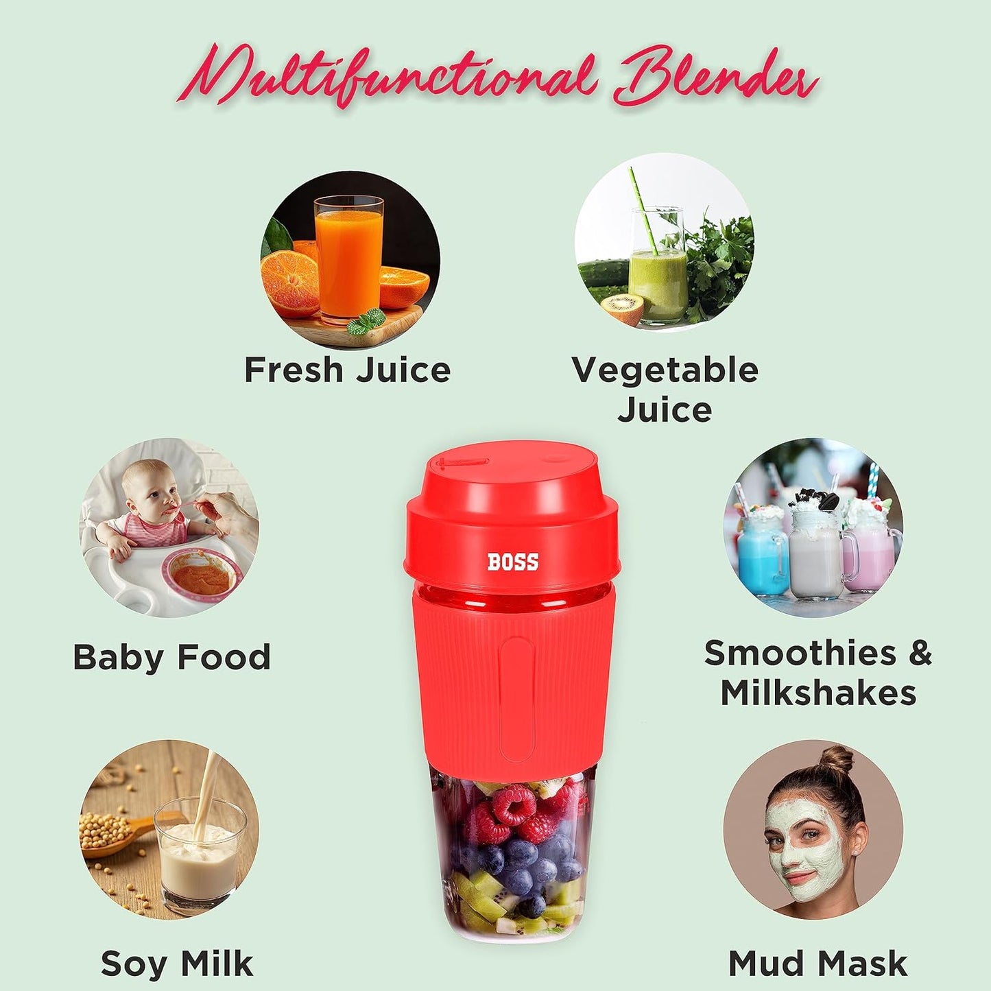 BOSS Smoothie Maker & Portable Electric USB Juice Maker Juicer Bottle Blender Mixer, Rechargeable Bottle Power Blender for Smoothie, Milk Shakes and Juice, 2400 mAh Li-ion Rechargable Battery, 500 ML, built-in Jar, Red