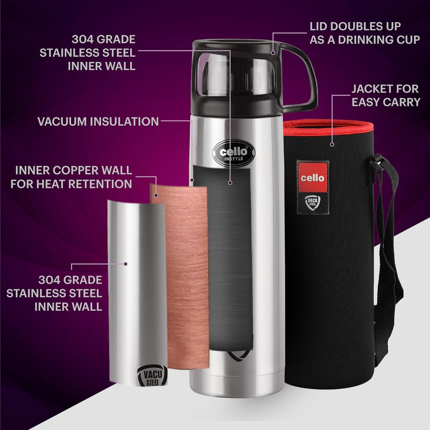 Cello Instyle Stainless Steel Vacuum Insulated Flask with Jacket 1000ml, Black | Hot & Cold Bottle, Cap doubles as Cup | Double Walled Silver Bottle for Home, Office, Travel | Steel Thermos Bottle 1L