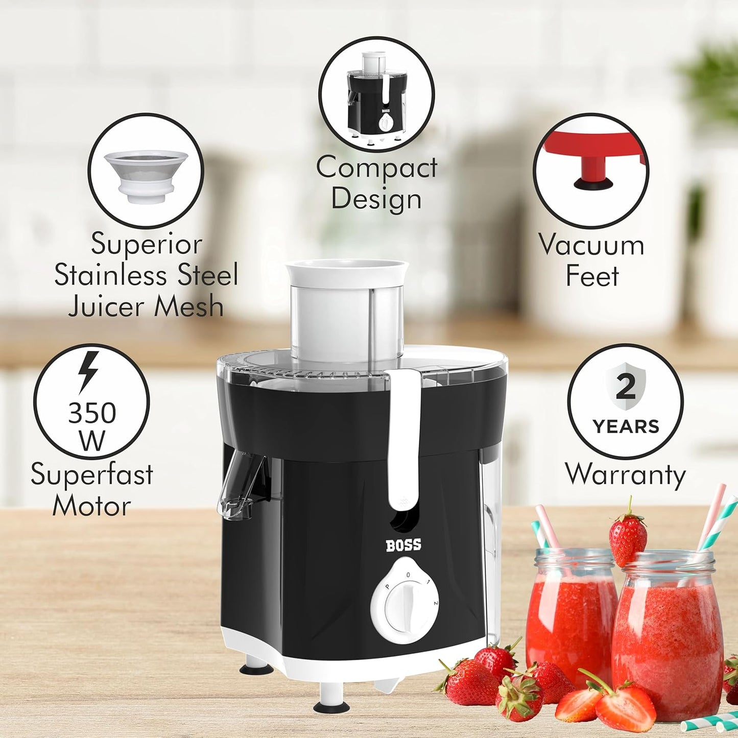 BOSS Aster Electric Juicer for Fruits & Vegetables Centrifugal Juicer 350 Watt | Juicer Mesh with SS Sieve & Pusher | Removable Pulp Container | 2 Year Warranty, Black