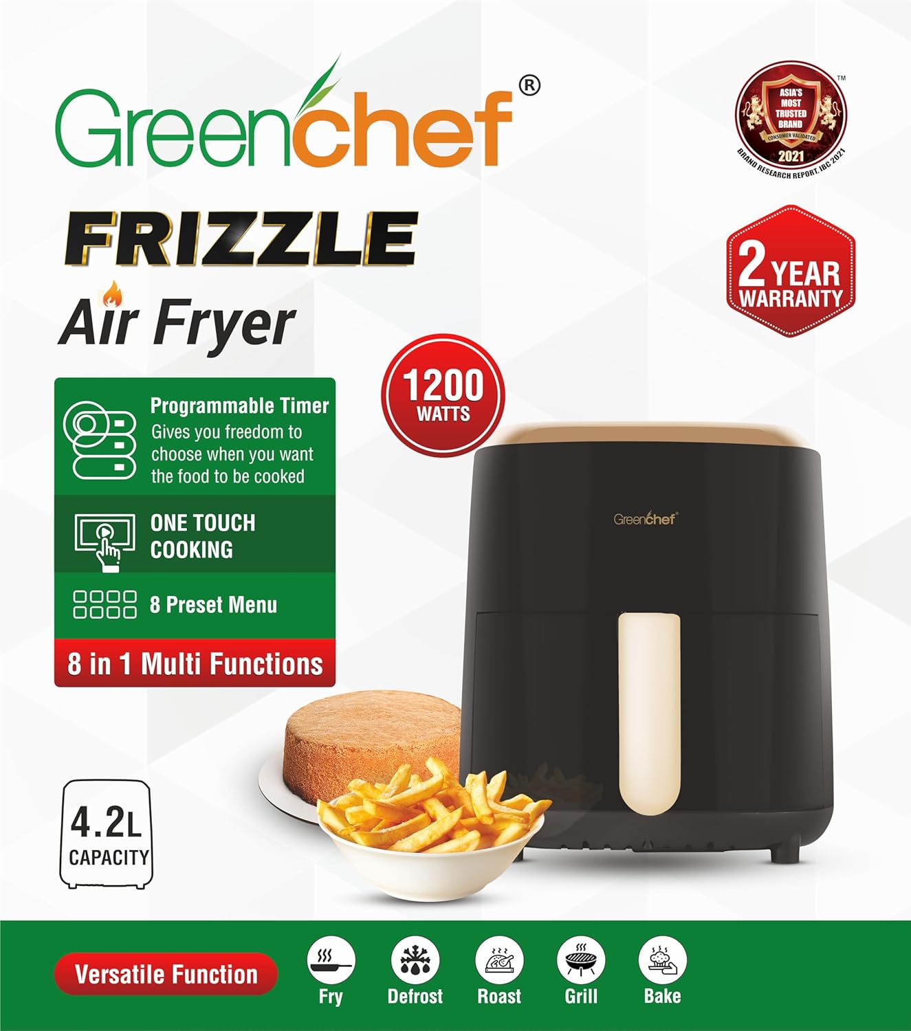 Greenchef Digital Air Fryer Frizzle with Touch Panel, uses up to 90% less fat, 8 Pre-set Menu, 1200W, 4.2 Liter (Black), Large