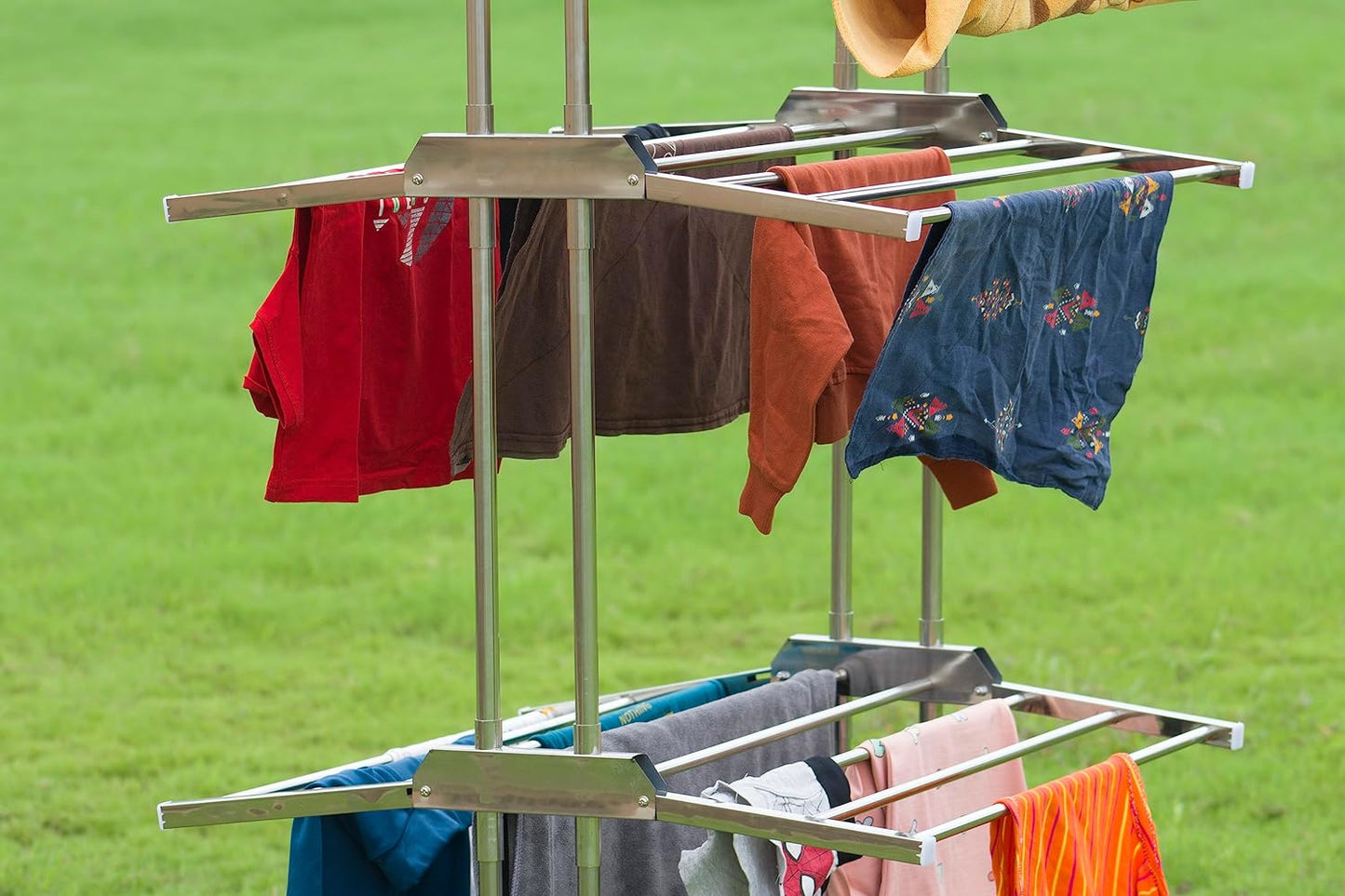 Stainless Steel Folding Extra Large 3 Tier Bedroom Outdoor Clothes Drying Rack Airer Laundry Dryer Rack Floor Standing Clothes Hangers with Wheels Cloth Shoes Hanger