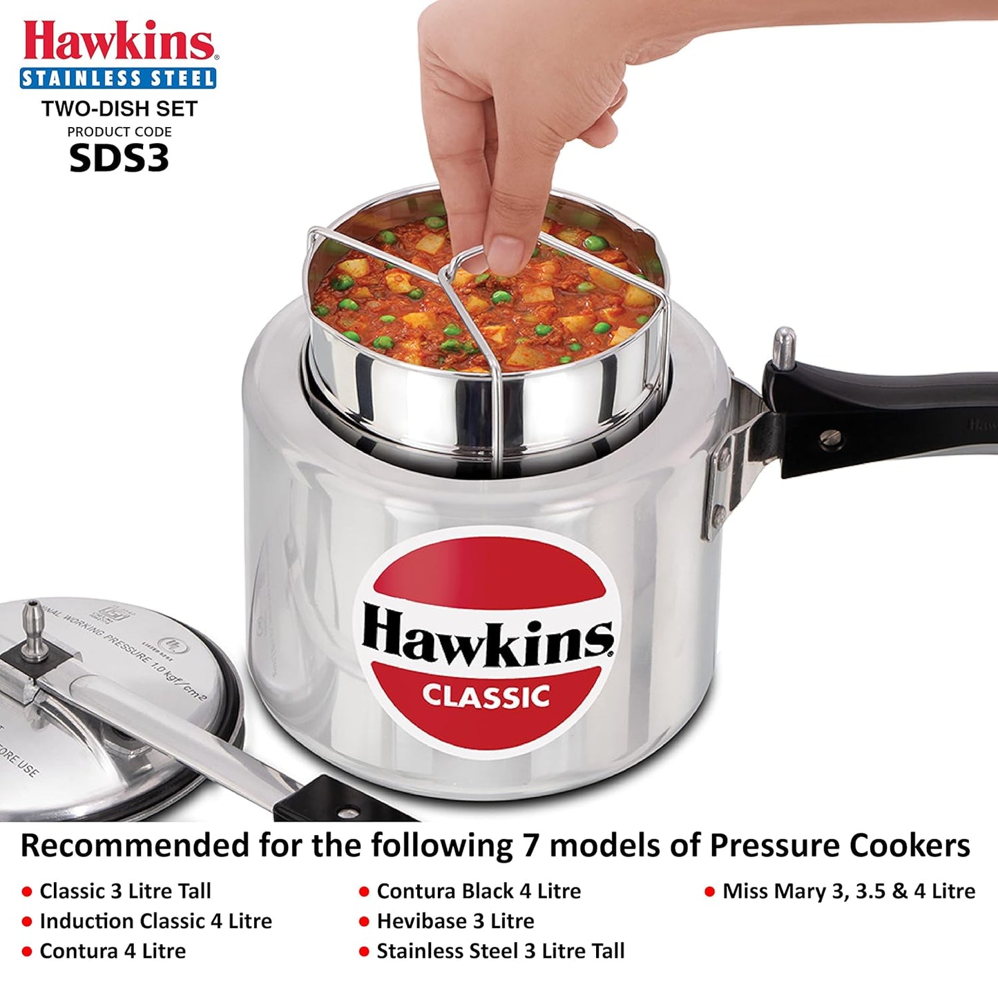 Hawkins Two-Dish Stainless Steel Set, Cooker Separator, Pressure Cooker Pots, Silver (SDS3), 1.275 liters