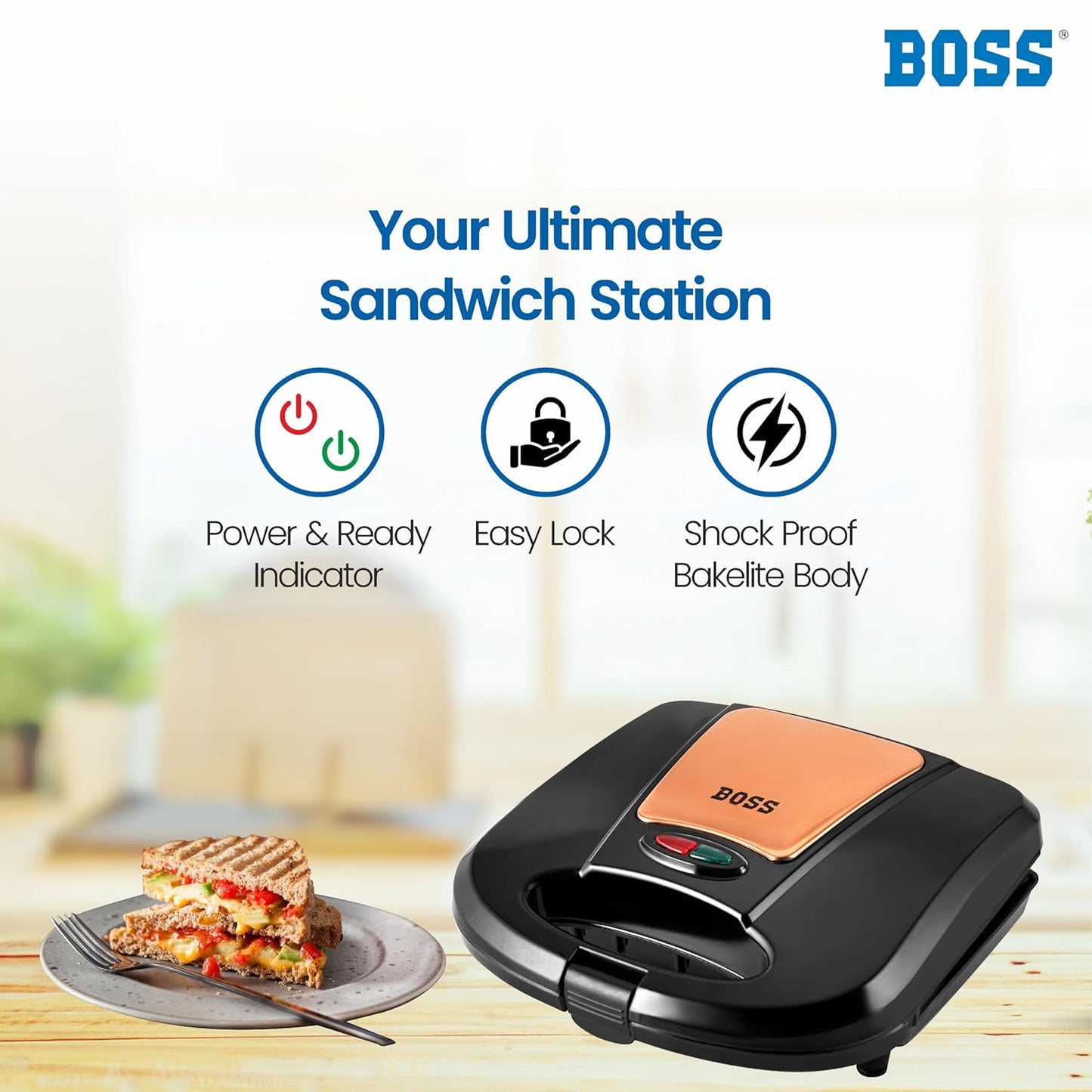 BOSS Panino+ Griller | 800-Watt Grill Sandwich Maker | Non-Stick Coated Plates| Buckle Clips Lock | 2 Yr Warranty | Rose Gold Sandwich Griller