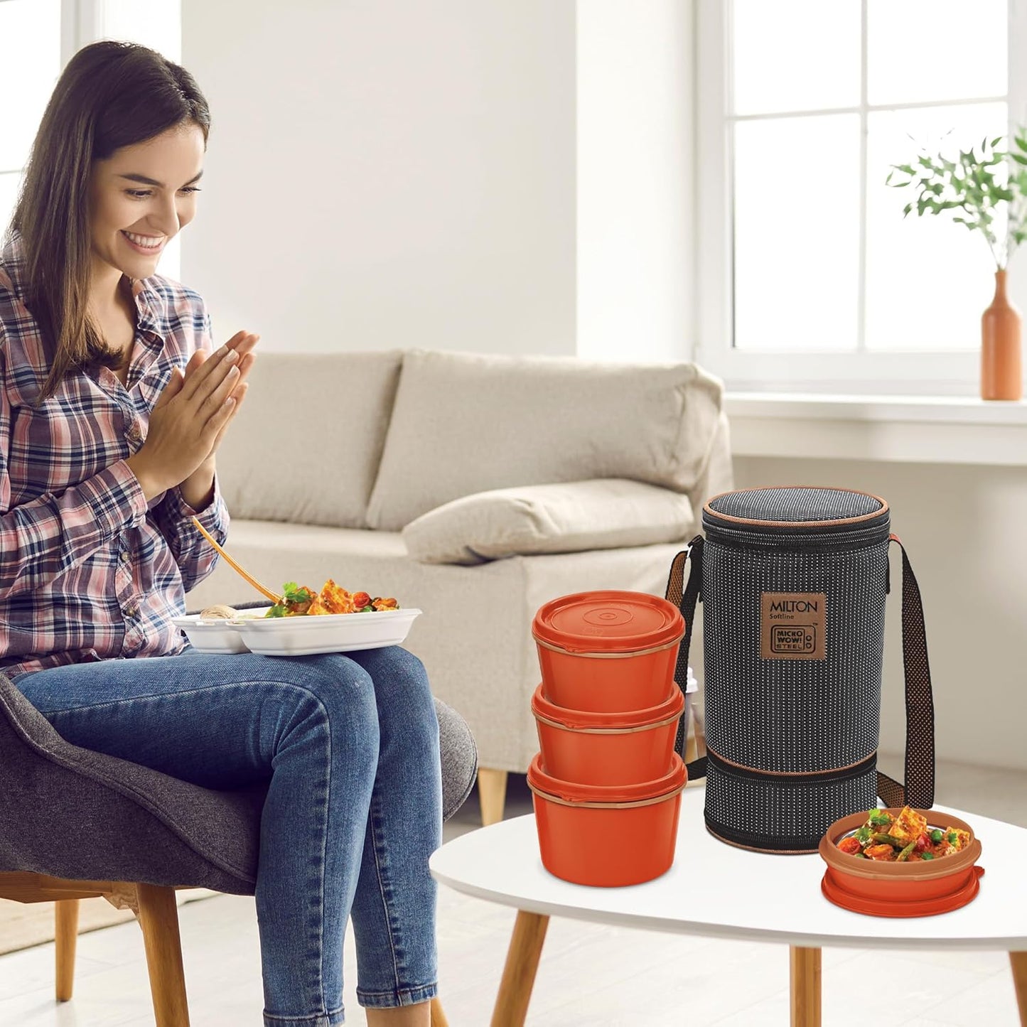 MILTON Flexi 3+1 Inner Stainless Steel Lunch Box with Jacket, Set of 4, (180 ml, 320 ml, 320 ml, 450 ml), Black | Microwaveable Steel | Leak Proof | Food Grade | Dishwasher Safe | Easy to Carry