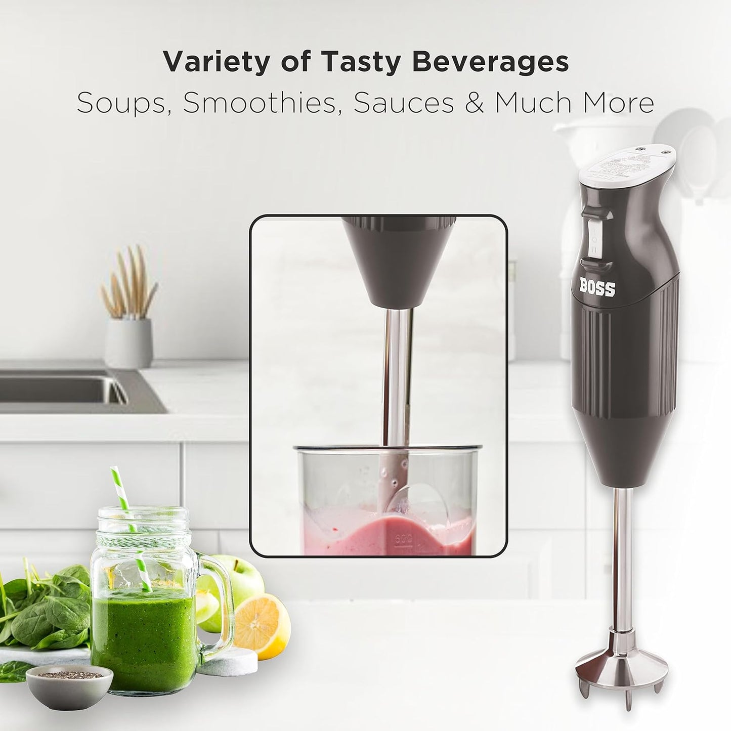 BOSS B132 Portable Hand Blender 225W - Watt | Variable Speed Control | 3 Years Warranty | Easy to Clean and Store | ISI-Marked, Maroon,Stainless Steel