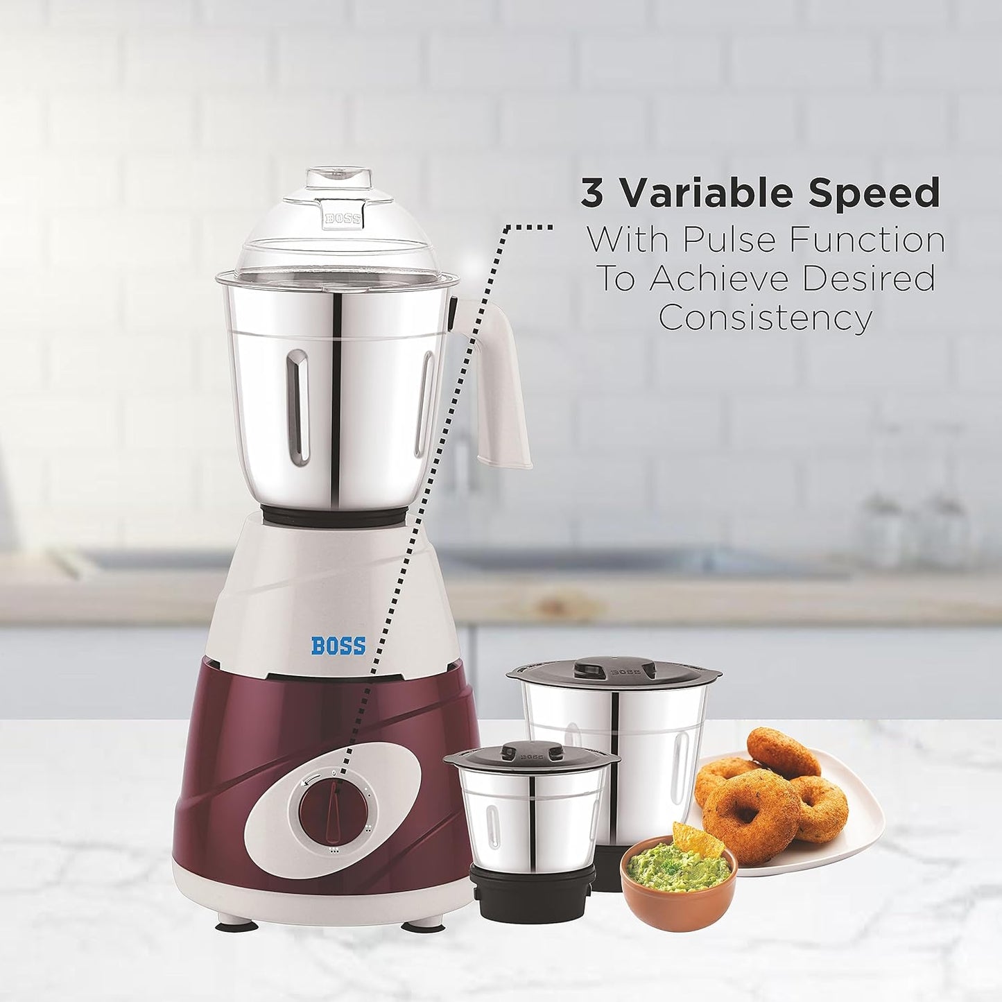 BOSS Thunder 550W Mixer Grinder with 3 Jars (Liquidizing, Wet Grinding and Chutney Jar), High Speed Motor, SS Blades, 5 Years Motor Warranty with Overload Protector, Blue